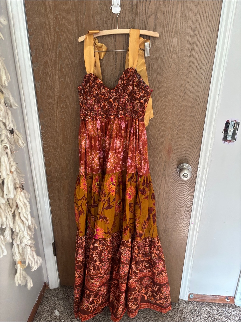 Free People Floral Tiered Maxi Dress in Mustard, Rust & Pink